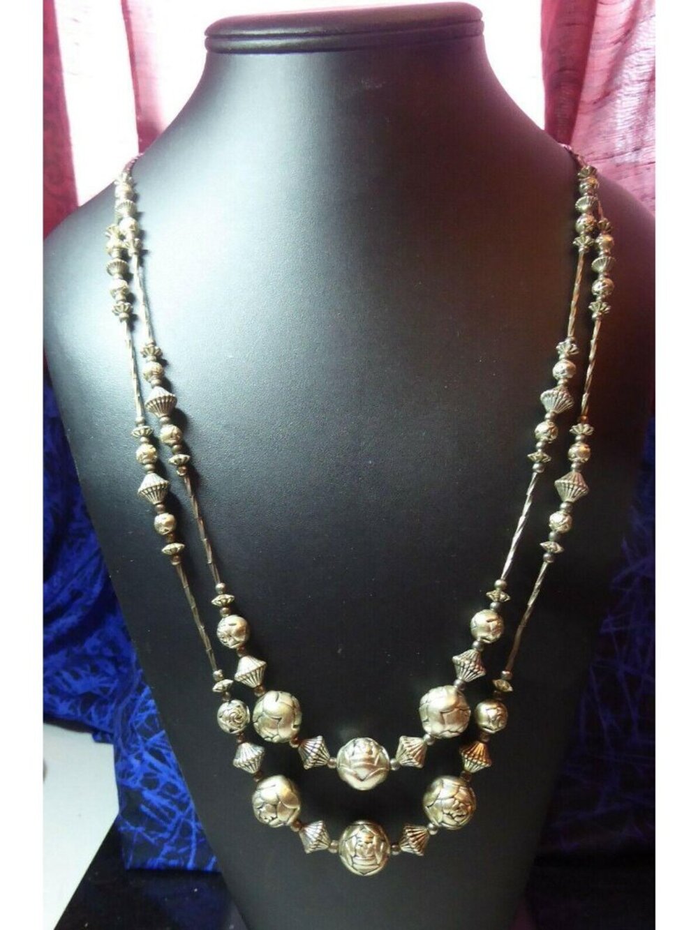 Vintage Silver Tone Floral Repousse Double Strand Necklace | 31" Opera Length